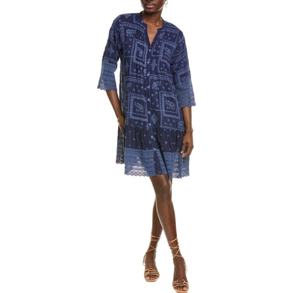 NWT Johnny Was Eliyen Dress Embroidered Blue Night Elephants Women's size Small